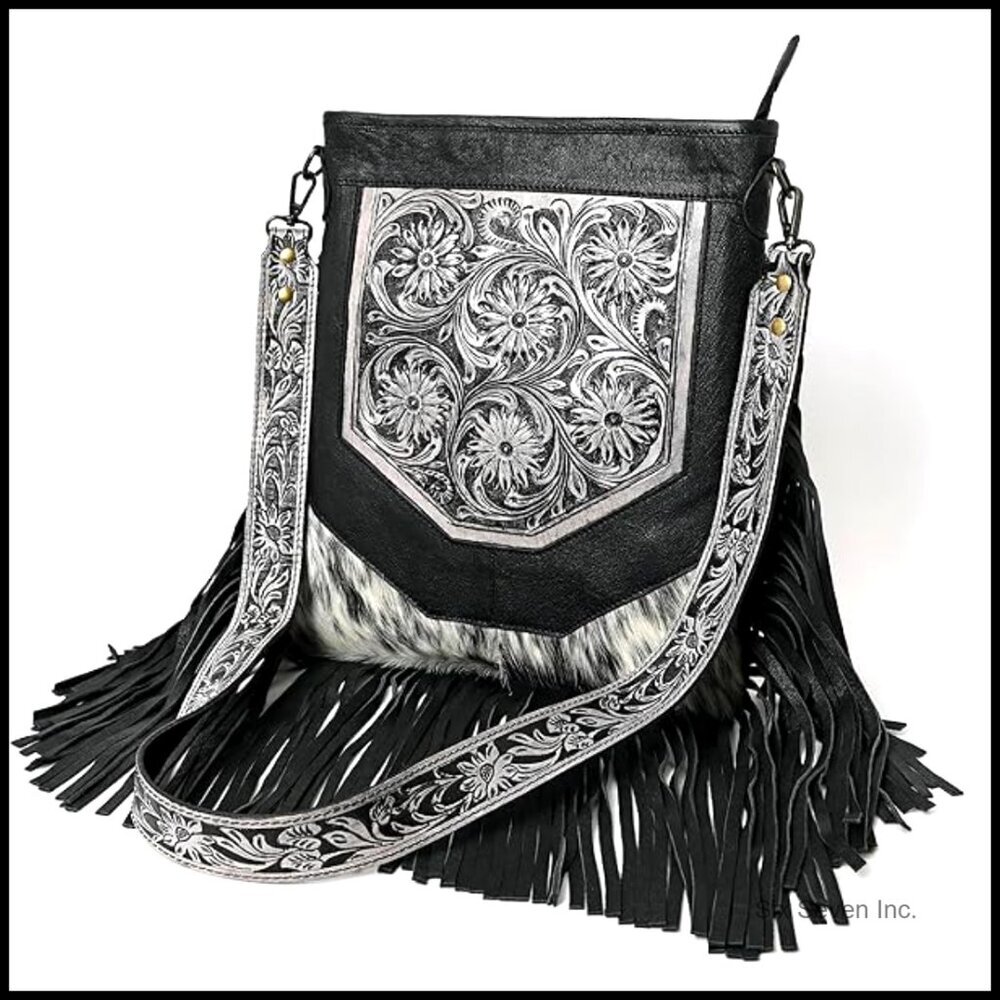 Hand-Carved Fringed Shoulder Bag Natural Cowhide Crossbody Bag - Picture 5 of 6